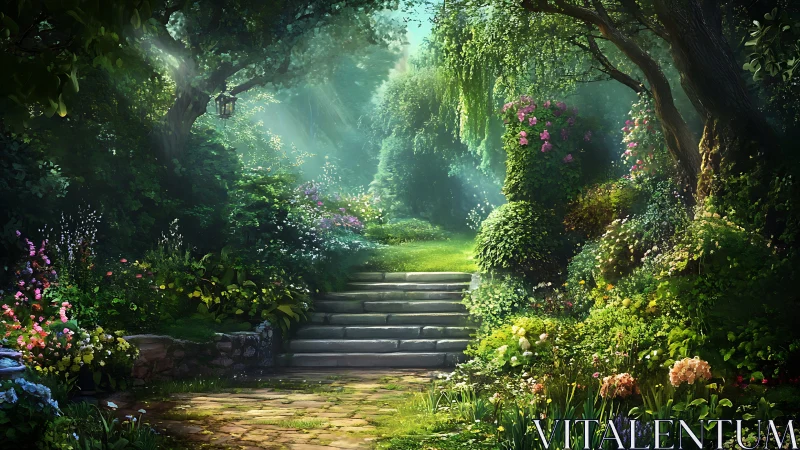 Sunlit garden path with stone steps and dense foliage.