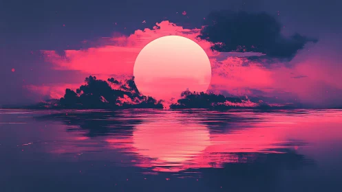 Radiant neon sunset rests softly over a dreamy quiet sea