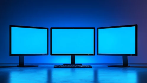 Calm triple monitor desk glowing in soft blue light.