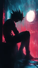 Brooding anime hero rests alone in neon rainstorm glow