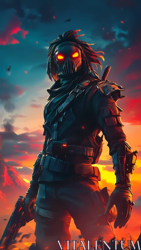 Blazing-eyed wasteland guardian stands tall in molten sunset