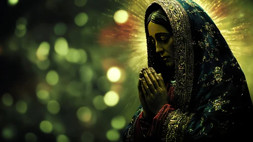 Religious statue in prayer with halo and abstract lights.