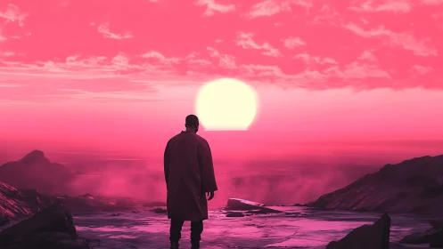 Solitary figure facing neon pink ocean sunset horizon.