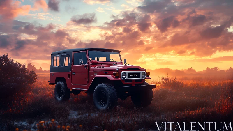 Restored red offroad SUV at golden hour in misty field