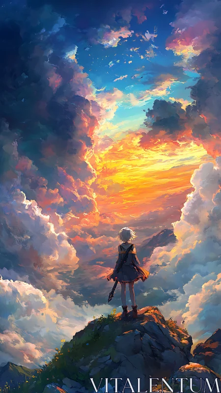 Young adventurer watches a blazing, dreamlike sky unfold