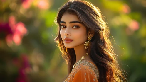 Sunlit portrait of elegant woman in golden-hour garden.