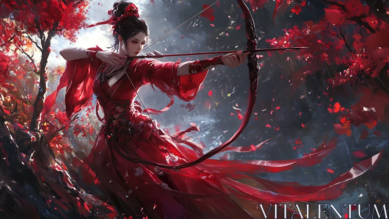 Scarlet archer queen draws fate beneath burning autumn boughs.