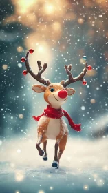 Cartoon reindeer character runs through snowy outdoor scene