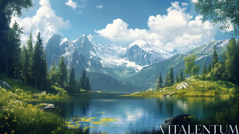 Sunlit alpine lake cradled by bright snow kissed peaks.