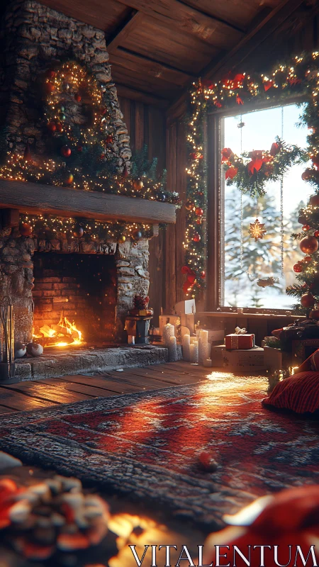 High-fidelity rustic cabin fireplace with festive bokeh lighting.
