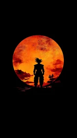 Lone warrior silhouette framed by a blazing sunset moon.