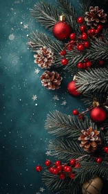Cozy Christmas pine branches with berries, cones and ornaments.