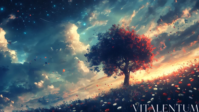 Lone red tree on hillside beneath glowing sky at dusk.