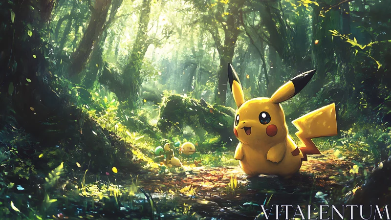 Pikachu in luminous forest clearing with gradient light