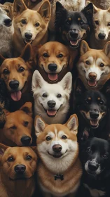 Multiple dogs are arranged in a tightly framed vertical portrait