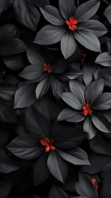 Red Flowers Against Black Petals and Foliage