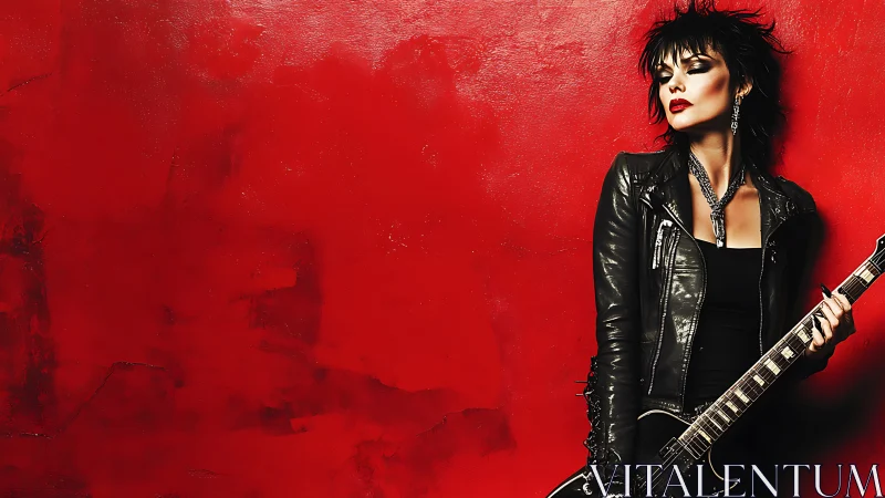 Photorealistic rocker portrait against textured red field.