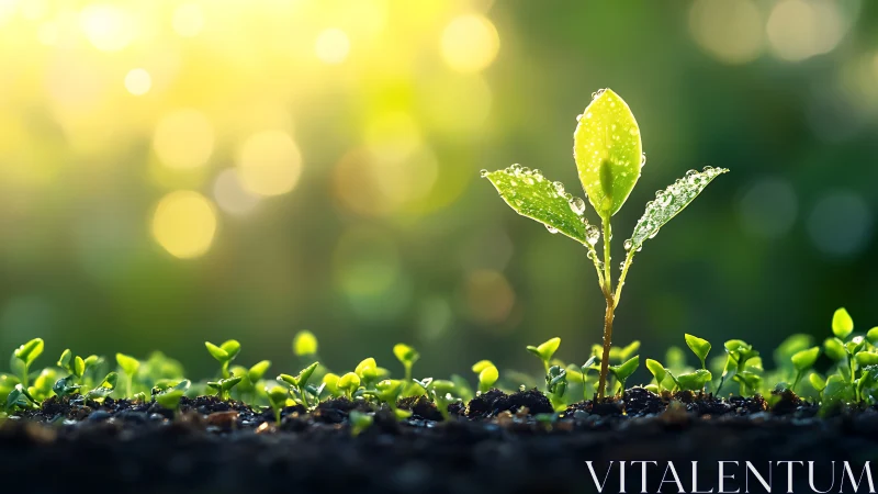 Morning dew crowns a newborn sprout in glowing sunshine.