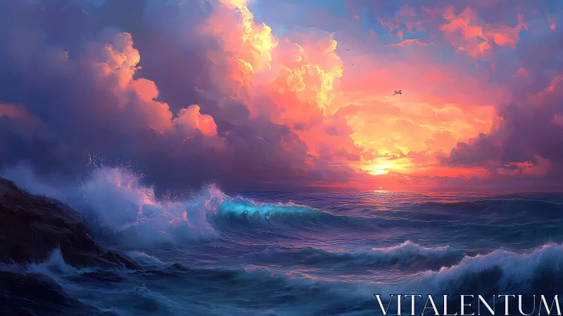 Radiant ocean sunset with luminous storm clouds painted.