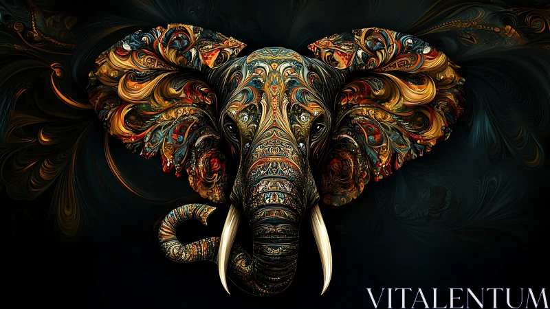 Elephant head is rendered with intricate ornamental patterns