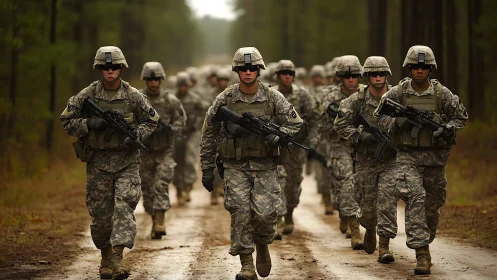 Soldiers in full combat gear march in formation on forest road