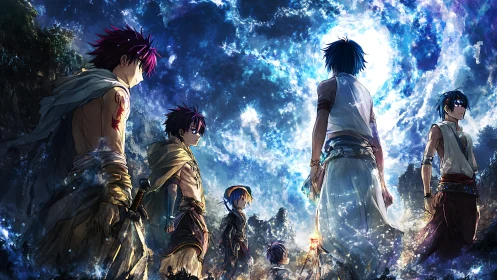 Moonlit band of young adventurers on a glittering path.