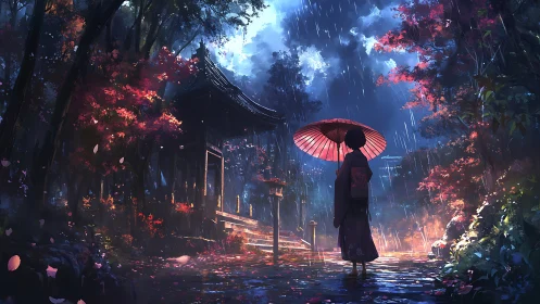Quiet temple rain with crimson umbrella and drifting light.