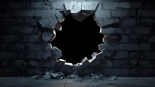 Large Hole in Dark Brick Wall, Dramatic Lighting, Realistic Style.
