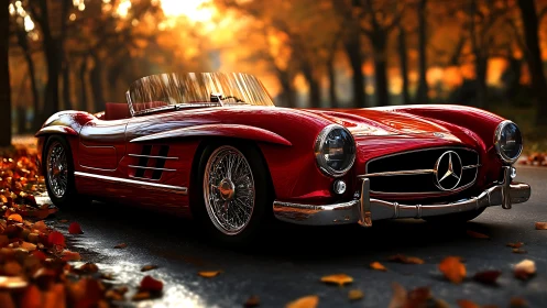 Gleaming red classic roadster glowing in autumn light.
