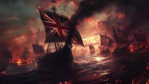 Fiery fleet under a stormy sky sails through blazing waters.