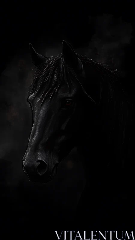 Dark horse portrait on black background in moody light.