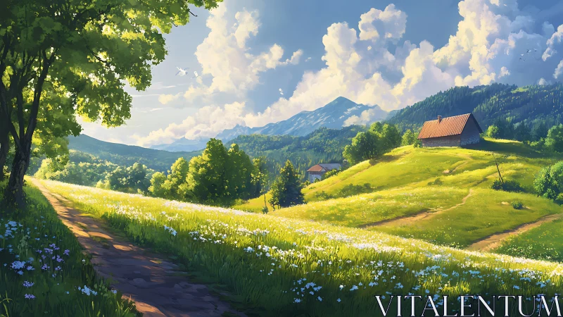 Sunny hillside trail with wildflowers and distant cottage.