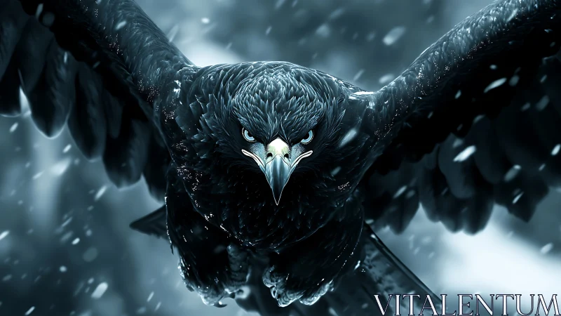 Black raptor in frontal flight during light snowfall.