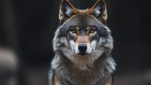 Front-facing grey wolf portrait rendered in photoreal detail