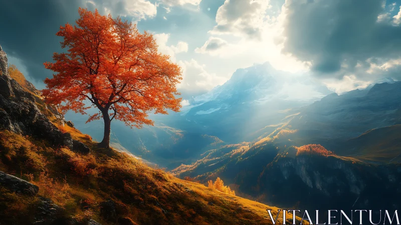 Backlit autumn tree anchors high-altitude valley under volumetric light