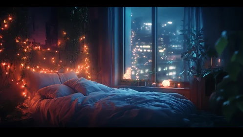 Cozy city-view bedroom glowing with fairy lights and calm night.