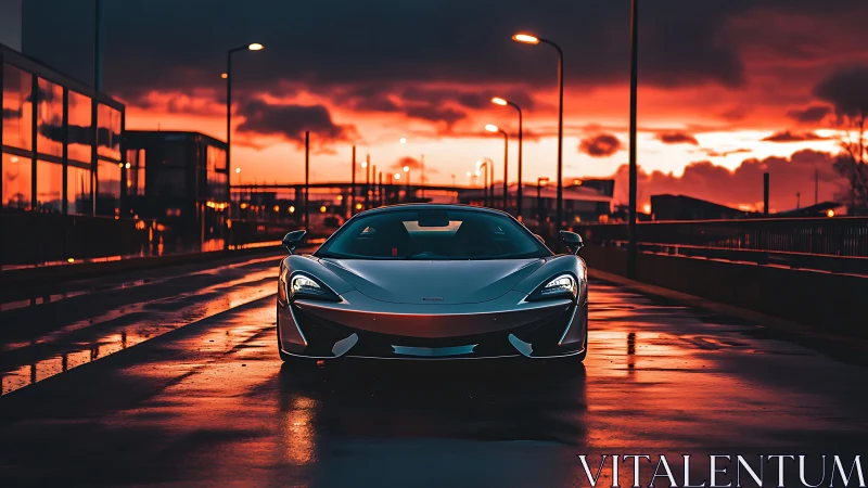Supercar front view under dramatic sunset urban lighting