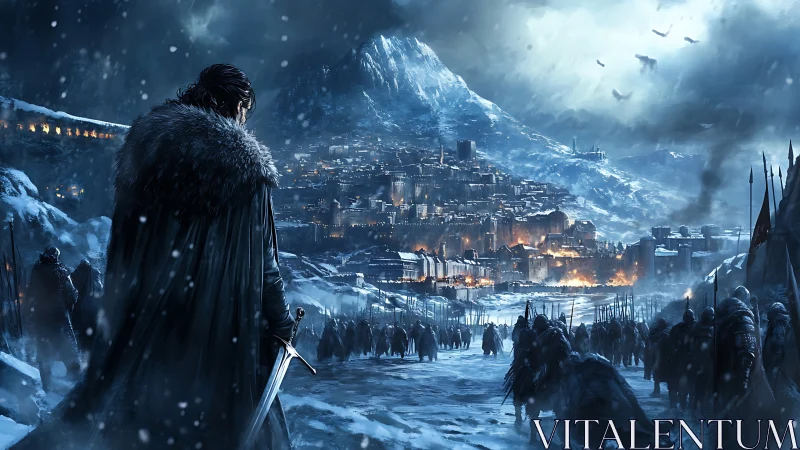 Snow-covered army advances toward fortified burning city