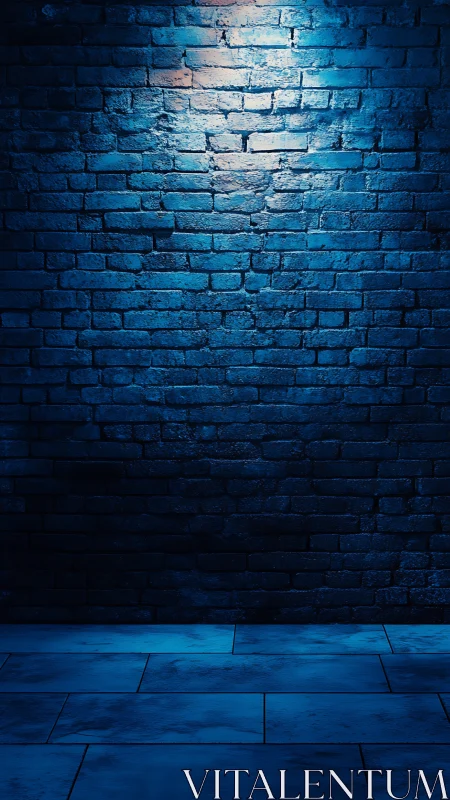 Moody blue brick wall glows under dramatic spotlighting at night
