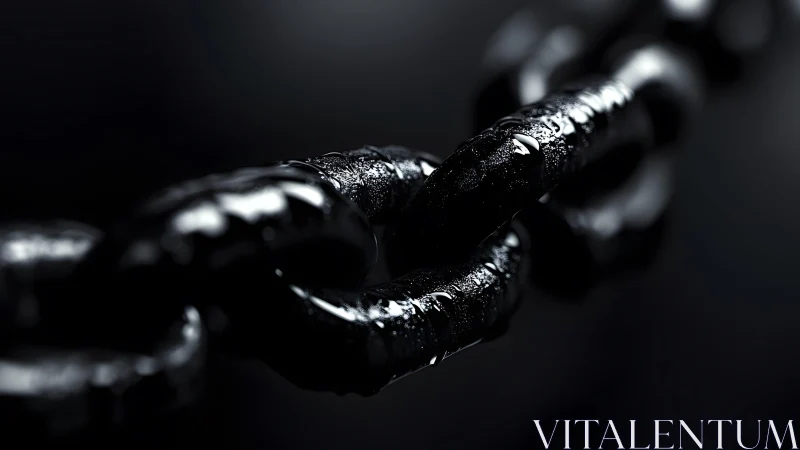 Close-Up of Wet Black Metal Chain in Dramatic Lighting.