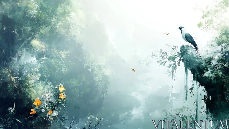 Solitary bird on misty cliff in lush green forest scene.