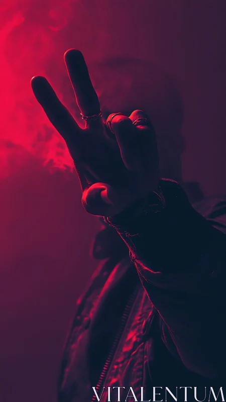 Hand gesture silhouette under red directional lighting.