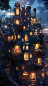 Fantasy cliffside dwelling with illuminated organic volumes.