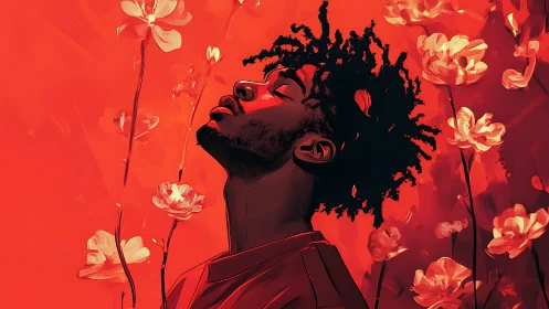 Crimson dreamer drifting amid glowing blossoms of fire.