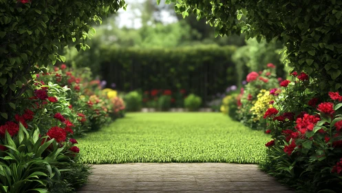 Verdant flower garden frames tranquil sunlit lawn view.