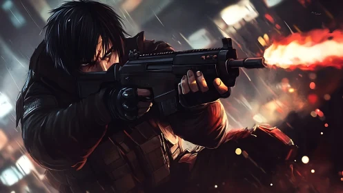 Armed figure discharges rifle in stylized urban environment