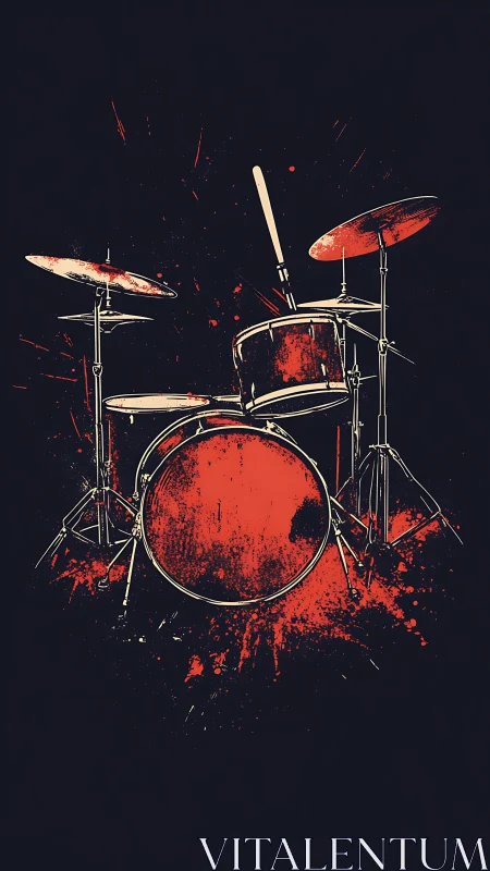Stylized red drum kit with splatter effects on dark ground