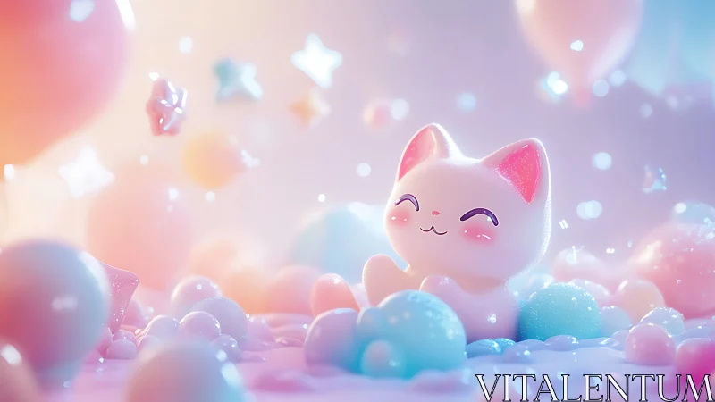 Serene Maneki-neko Cat Among Pastel Spheres and Glowing Bokeh.