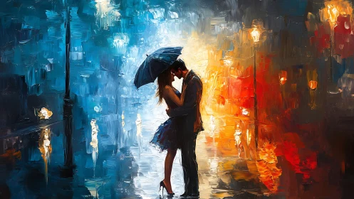 Two figures with umbrella stand under urban street lamps at night