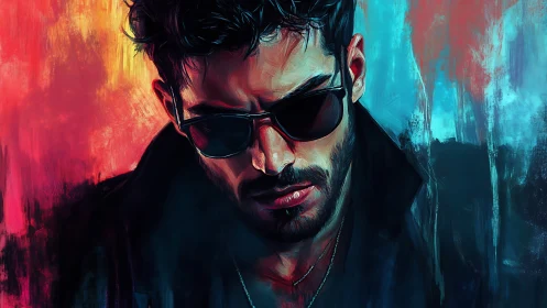 Moody portrait of man in sunglasses amid split neon haze.